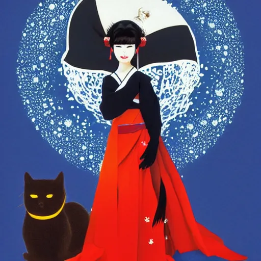 Image similar to full body icon stylized minimalist an asian girl with geisha makeup holding a cute black cat surrounded by snowflakes, loftis, cory behance hd by jesper ejsing and zdzisław beksinski and norman rockwell and greg rutkowski weta studio, and lucasfilm - c 1 0