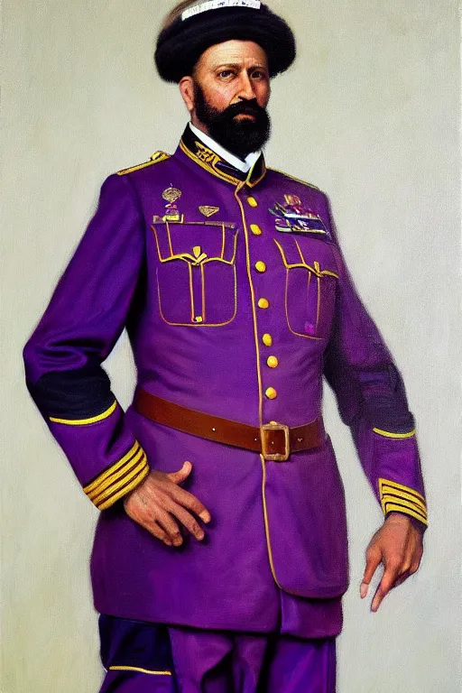 Image similar to full body portrait of the dictator of the sacramento kings, 1 8 8 9, in full military garb, purple, silver, oil on canvas by william sidney mount, trending on artstation