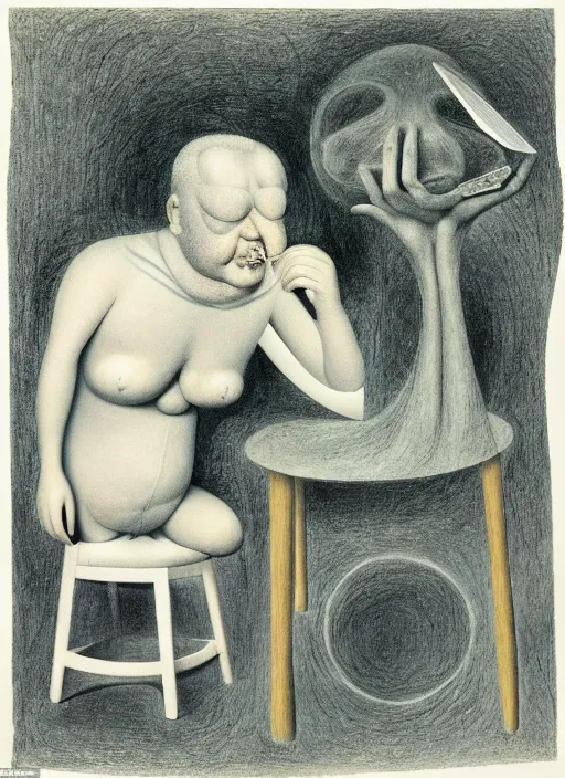 Image similar to man sitting on chair looking at his smartphone, hysterical, sweat, fat, frustrated, art by gertrude abercrombie hans bellmer and william blake
