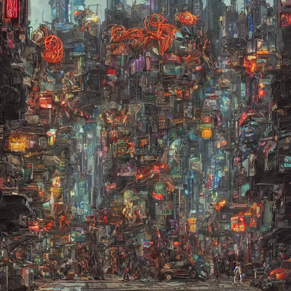 Prompt: An amazing, hyperdetailed full color comic book cover illustration of a dystopian city street corner, with walking humanoid figures and mechanical vehicle traffic, service robots, cyberpunk strip clubs, pimps, prostitutes, gangs, vandals and vagrant broken cyborgs on the sidewalk, by Michael Golden and Mike Mignola, cinematic, highly microdetailed, octane render, vray, rich cinematic atmosphere of trashiness and street filth, perfect digital art, sleazy dark future, perfect mechanical structures, cyberpunk, sci-fi, Dark Horse Comics, Hard Boiled, dim lights, sharp focus, extremely detailed