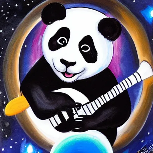 Prompt: painting of a panda playing piano at the edge of the galaxy wearing an astronaut uniform and laughing