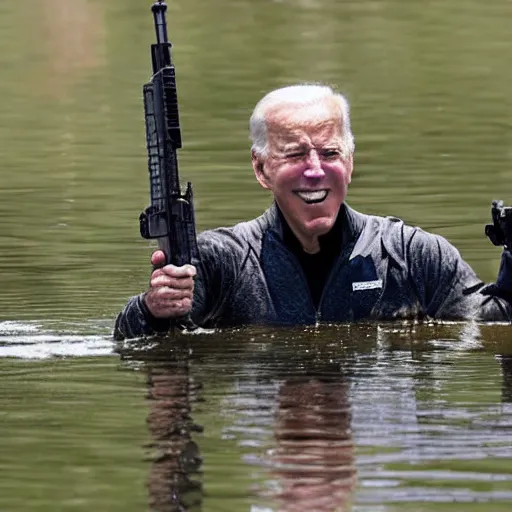 Image similar to joe biden rising out of swamp water with an ar 1 5