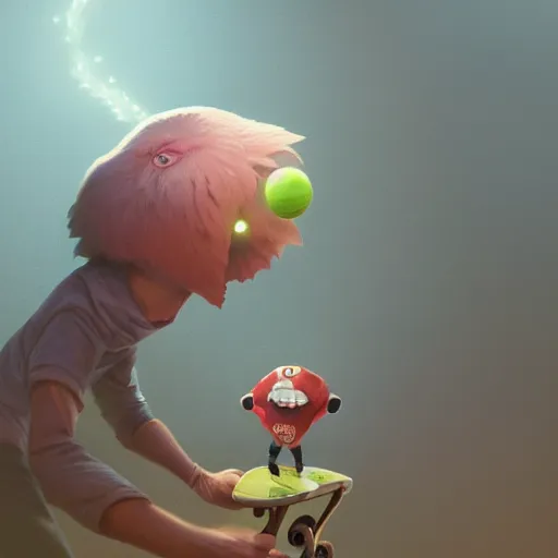 Image similar to highly detailed vfx character of a skateboarding tennis ball monster, skateboard stephen bliss, chalk, unrealengine, greg rutkowski, loish, rhads, beeple, chalk, makoto shinkai and lois van baarle, ilya kuvshinov, rossdraws, tom bagshaw, basil gogos