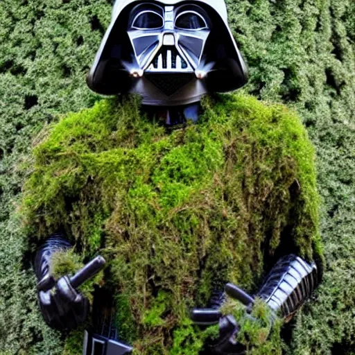 Image similar to Darth Vader covered in ivy and moss, in an overgrown garden