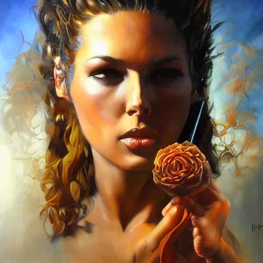 Image similar to detailed portrait of mind blown intricate, hyper detailed, realistic, oil painting, by julie bell, frank frazetta, cinematic lighting