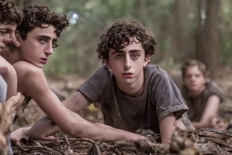 Prompt: timothee chalamet plays ralph in the live action adaptation of lord of the flies, red weapon 8 k s 3 5, cooke anamorphic / i lenses, highly detailed, cinematic lighting