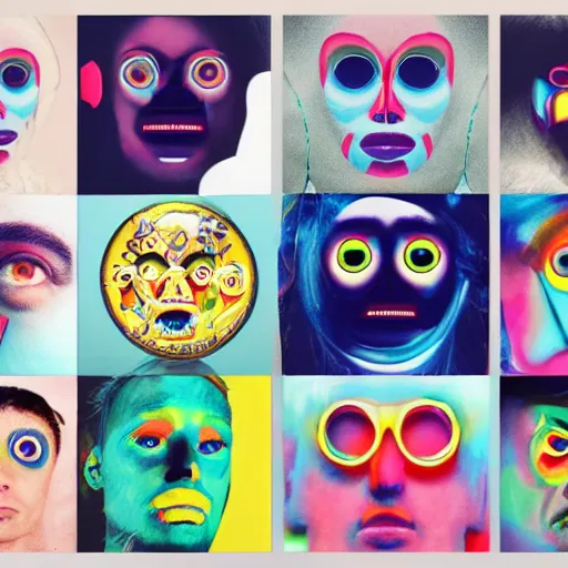 Prompt: trippy face album cover clocks