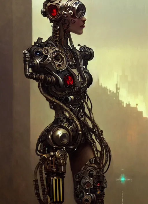 Image similar to diesel punk cyborg, diffuse lighting, fantasy, intricate, elegant, highly detailed, lifelike, photorealistic, digital painting, artstation, illustration, concept art, smooth, sharp focus, art by John Collier and Albert Aublet and Krenz Cushart and Artem Demura and Alphonse Mucha