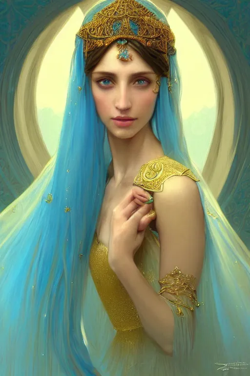 Image similar to portrait of an arabian princess, fantasy, gradient yellow cyan blue, dreamy and ethereal, blue eyes, golden ratio, peaceful expression, ornate frilly dress, fantasy, intricate, elegant, rainbow bubbles, highly detailed, digital painting, artstation, concept art, smooth, b sharp focus, illustration, art by artgerm and greg rutkowski and alphonse mucha