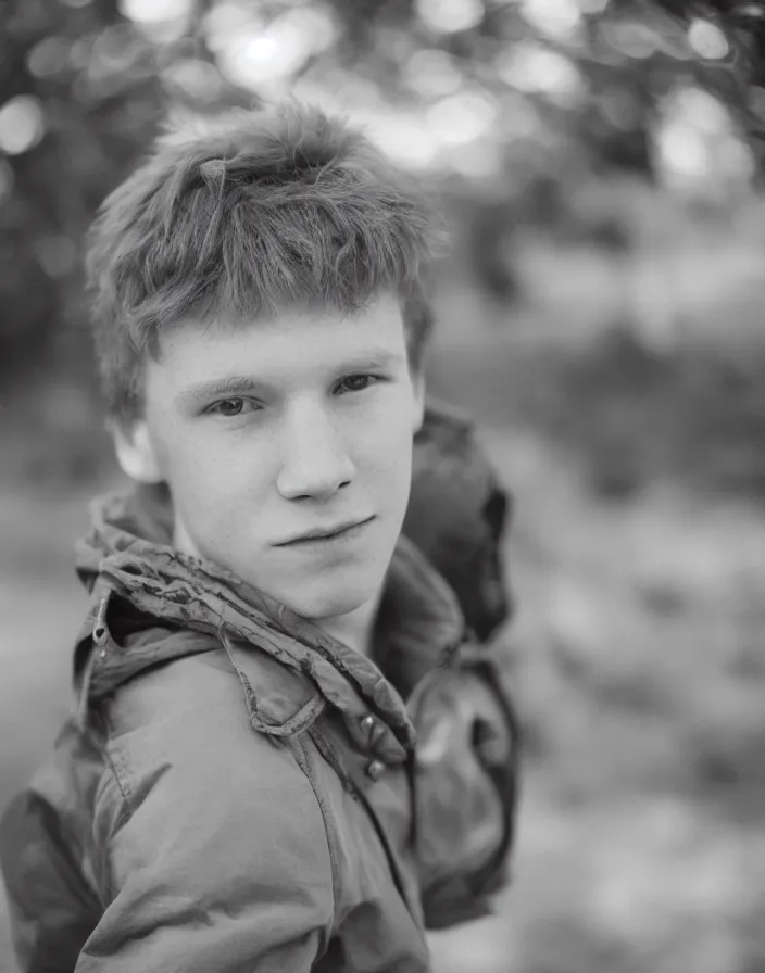 Image similar to portrait of a15 year old red-haired boy, f2.8 50mm lens, canon