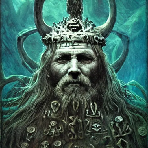 Image similar to viking north druid lich mermaid king wise old man god of death witch pagan face portrait, underwater, covered in runes, crown made of bones, necromancer, zdzisław beksinski, mikhail vrubel, hr giger, gustav klimt, symmetry, mystical occult symbol in real life, high detail