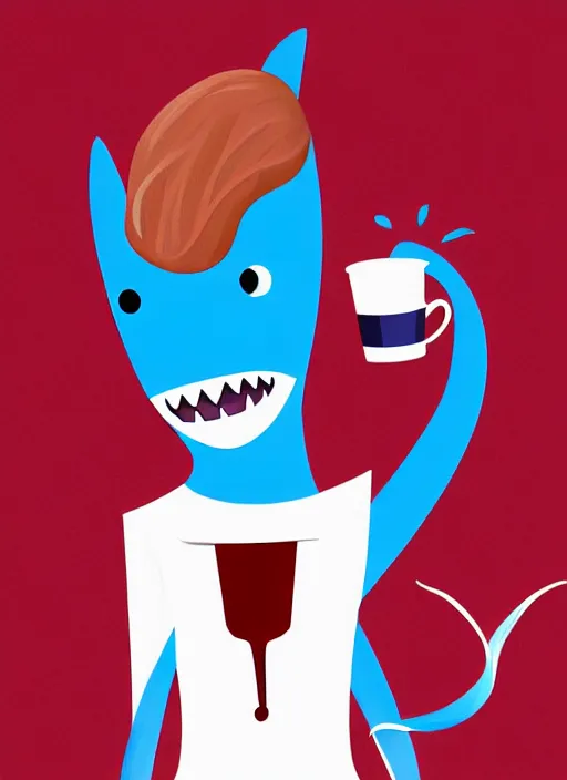 Image similar to female anthropomorphic blue shark with red hair holding a cup of coffee, digital art