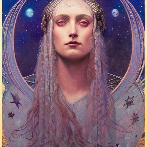 Prompt: queen of the moon with stars in her hair, by tino rodriguez and annie swynnerton and nicholas roerich and jean delville and donato giancola and tom bagshaw and evelyn demorgan, dramatic lighting, floral tattoos, rich colors, smooth sharp focus, extremely detailed, adolf wolfli