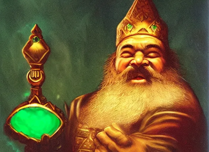 Prompt: a dwarven jeweler holding a gigantic glowing emerald. dramatic lighting. high fantasy art ( 1 9 8 7 )