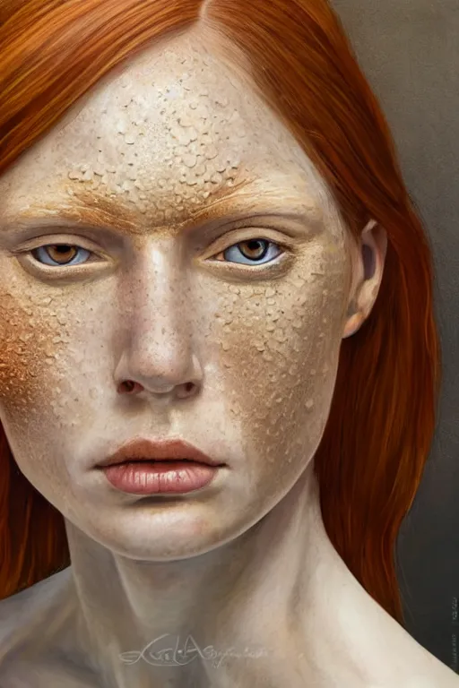 Prompt: hyperrealism extreme close-up portrait of melting cyborg medieval ginger female with freckles, pale skin, wearing dark silk, in style of classicism