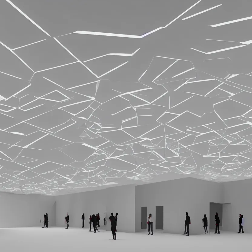 Image similar to 3 d model of an hyper modern art gallery with white walls, hyper detailed, soft light, 4 k