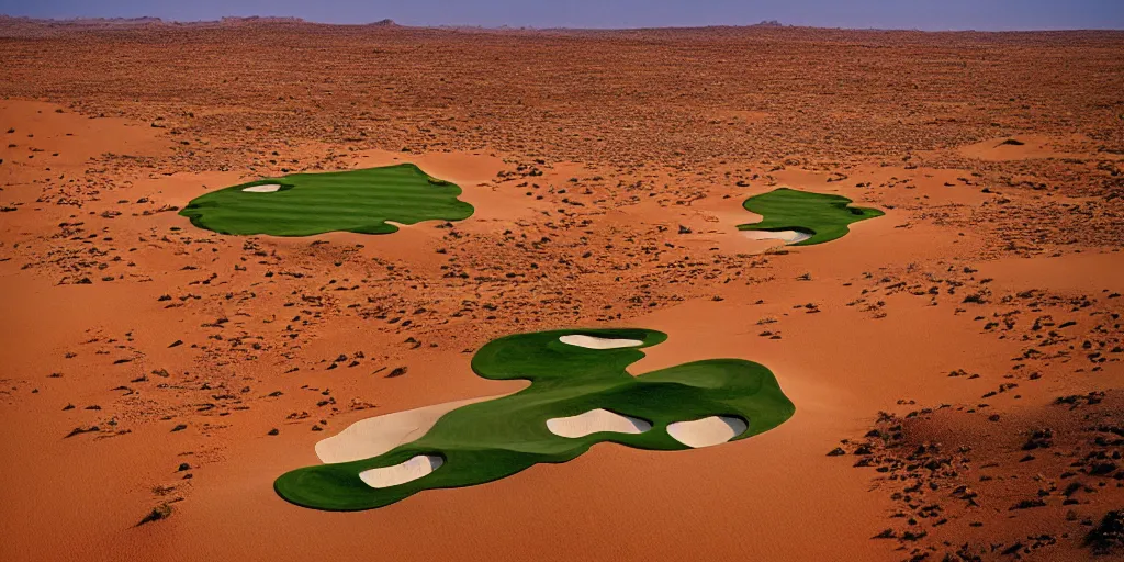Prompt: a great photograph of the most amazing golf hole in the world, fairway in the sahara desert, ambient light, golf digest, top 1 0 0,
