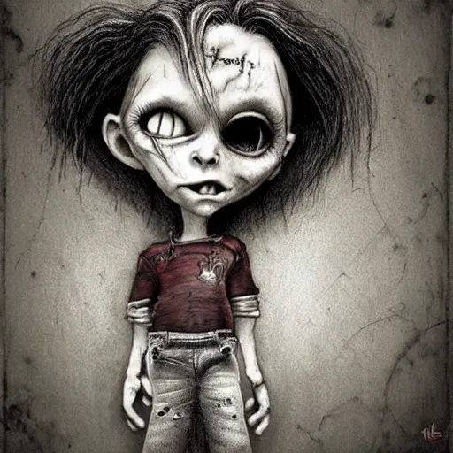 Image similar to grunge drawing of chucky by - michael karcz , in the style of corpse bride, loony toons style, horror themed, detailed, elegant, intricate