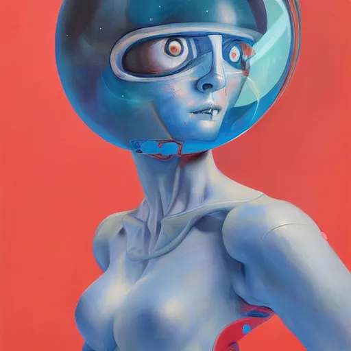 Image similar to oil painting of a humanoid lady lost in space, james jean