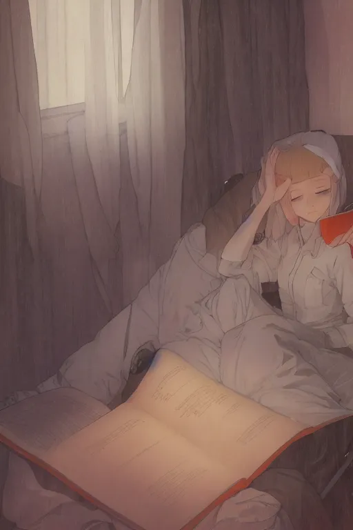 Image similar to a teenage girl with white short hair in a jk uniform outfit in the bedroom reading a book in a night, raining outside the window, grey and orange theme, by krenz cushart and mucha and akihito yoshida and greg rutkowski and makoto shinkai, 4 k resolution