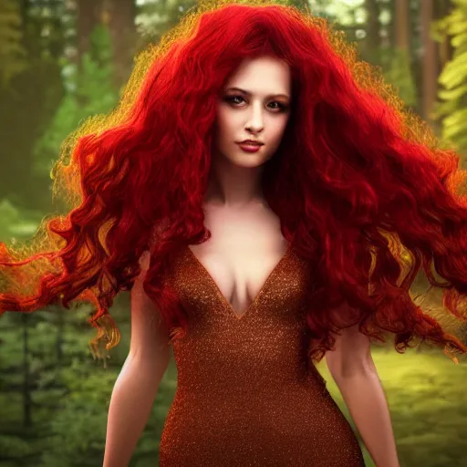 Image similar to beautiful woman with long curly red hair in elaborate gown, rim lit, forest, moon in background, photo realistic, cinematic atmosphere, octane render, 8 k, ethereal, dramatic lighting