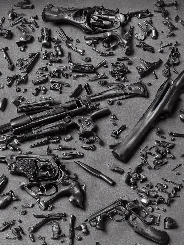 Prompt: carving in dark black steel of machine guns shotguns rifles revolvers bullets, dark vintage pinhole camera, ultrarealistic, intricate details, 4k
