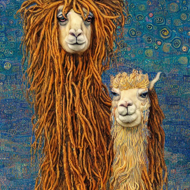 Image similar to llama with dreadlocks, by gustav klimt, by mandy jurgens, ernst haeckel, james jean