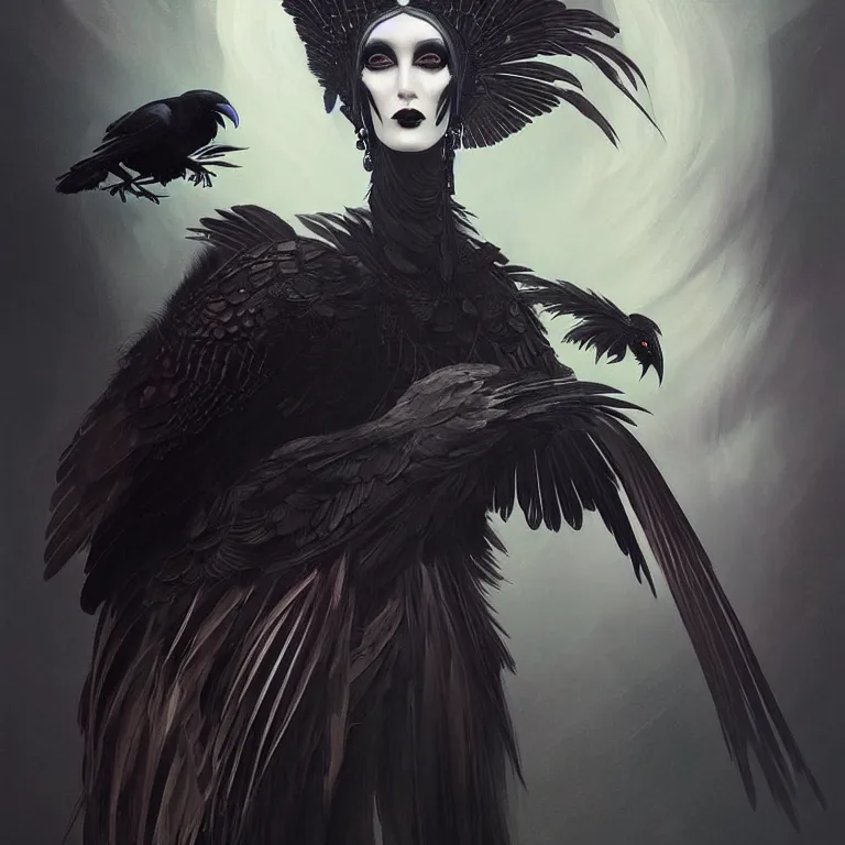 Image similar to breathtaking detailed concept art painting art deco portrait of a goth goddess amalgamation raven, by hsiao - ron cheng, bizarre compositions, exquisite detail, extremely moody lighting, 8 k