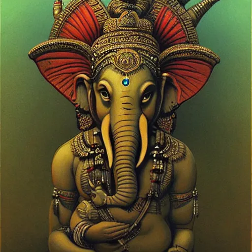 Prompt: indian god ganesha, painting in the style of beksinski, inspired by moebius, highly detailed, moody lighting
