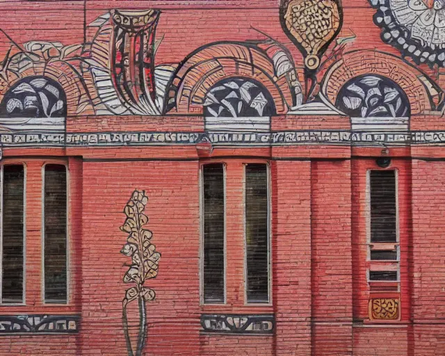 Prompt: photo of an outdoor mural from the early 1 9 0 0 s in the style of art nouveau, red curtains, art nouveau design elements, art nouveau ornament, brick wall, opera house architectural elements, painted on a brick wall, outdoor mural, mucha, masonic symbols, masonic lodge