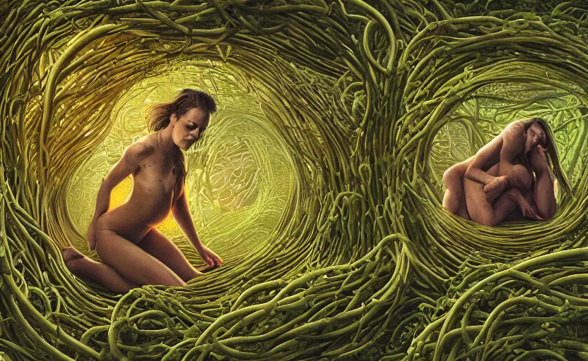 Prompt: a person trapped in the fetal position inside of extremely thick vines intertwined, central circular composition, high saturation, epic lighting, in the style of Peter gric and Hannah yata 8k