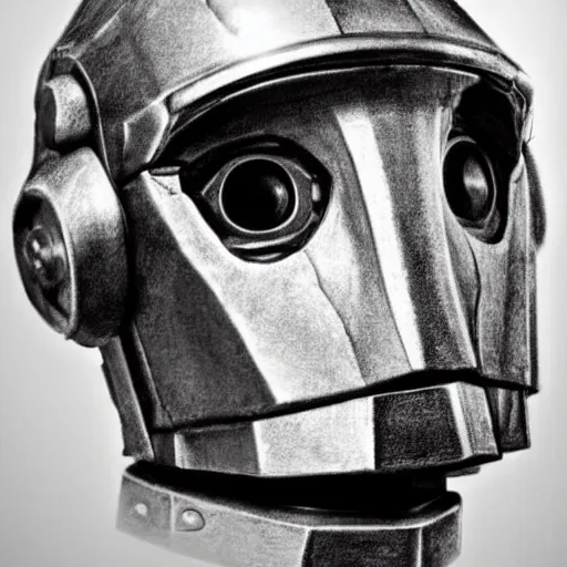 Image similar to close up realistic cyberman with half of his mask broken off showing david tennant pencil sketch cinematic lighting, render, fantasy