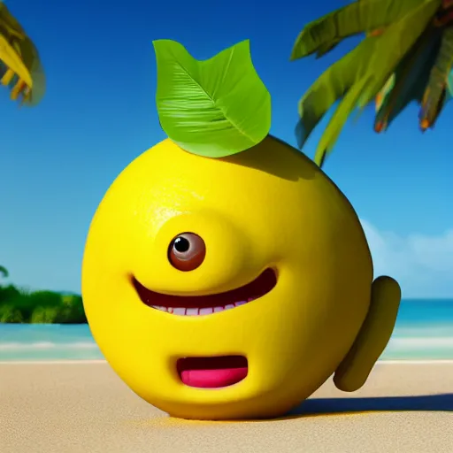 Image similar to a cgi happy smiling lemon character with a leaf on the top and two feet, holding an tropical drink, on the beach, as an octane render