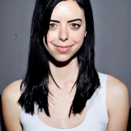 Image similar to a girl with long black hair and a side part, her face is a mix between aubrey plaza, krysten ritter and lucy hale