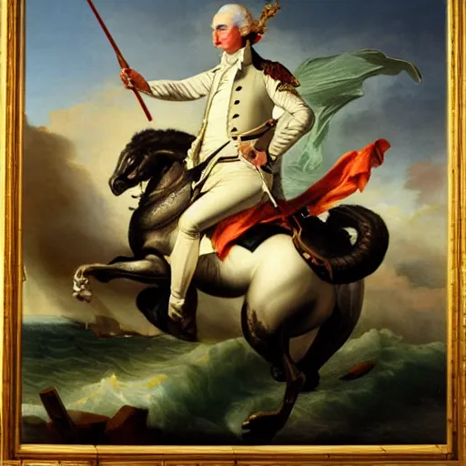 Prompt: A revolutionary era painting of George Washington riding a dragon over the Atlantic Ocean