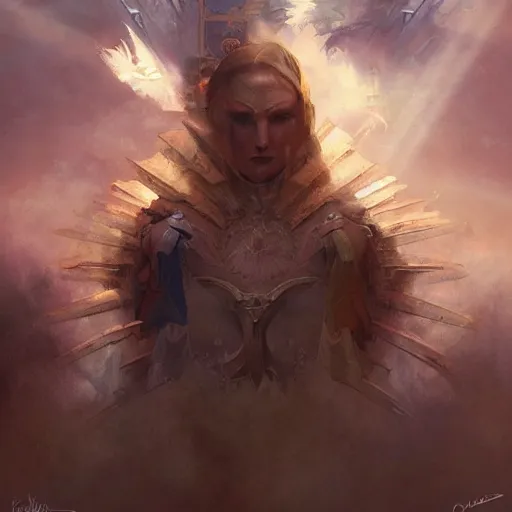 Image similar to god emperess kim yo jong in the style of craig mullins, greg rutkowski, peter mohrbacher, and drew struzan. epic, majestic, awe inspiring, god rays, fissures, divine, church painting, intricate armor, extreme detail, high octane, cartoonish