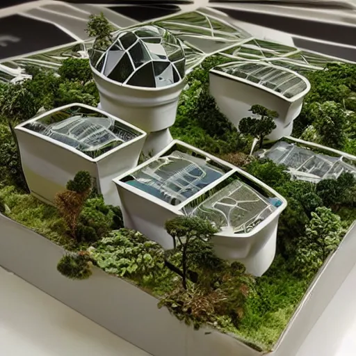 Image similar to architecture model of a futuristic city, lot of vegetation, light inside building, crowded street, table sized, maquette, axonometric, hyperrealism, photography