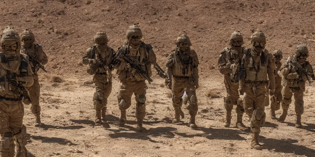 Prompt: a group of soldiers on a rescue mission like the film stargate explore a temple in a desert world, telephoto shot, mid day, heat shimmering.