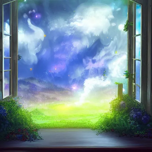 Image similar to heaven view from the interior of my cozy house from a cozy window frame fantasy pixiv scenery art inspired by magical fantasy