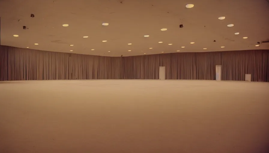 Prompt: 60s movie still of a sovietic empty ballroom, cinestill 800t 8mm eastmancolor, liminal Space style, heavy grain