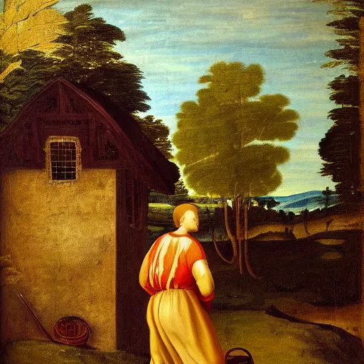 Prompt: a renaissance style painting of a giant walking in front of a cottage carrying a bag of gold.