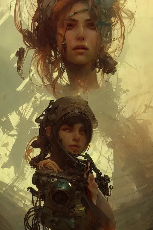 Image similar to A full portrait of a beautiful post apocalyptic offworld technothief, intricate, elegant, highly detailed, digital painting, artstation, concept art, smooth, sharp focus, illustration, art by Krenz Cushart and Artem Demura and alphonse mucha