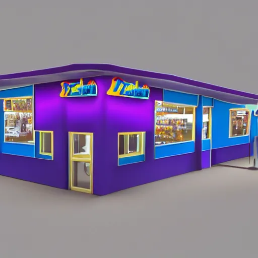 Image similar to 3D render of purple tornado inside of a blue mcdonalds