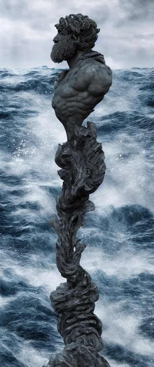 Image similar to stone bust of poseidon in the ocean, heavy waves, dark clouds, vivid, atmospheric, rainy, realistic, ultra detail, somber, hd, octane render, featured on artstation