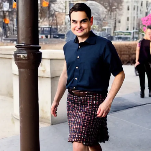 Image similar to ben shapiro wearing a fancy skirt, hd candid photography