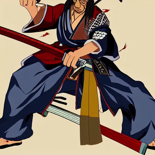 Prompt: samurai Champloo Snoop Dogg samurai in battle stance pose with katana, in style of anime