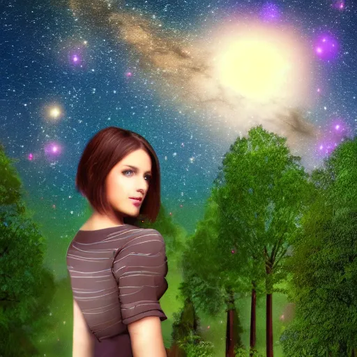 Image similar to an hd photo of a cute young woman with short brown hair and green eyes, beautiful trees in the background, night sky with stars and galaxies, trending on artstation