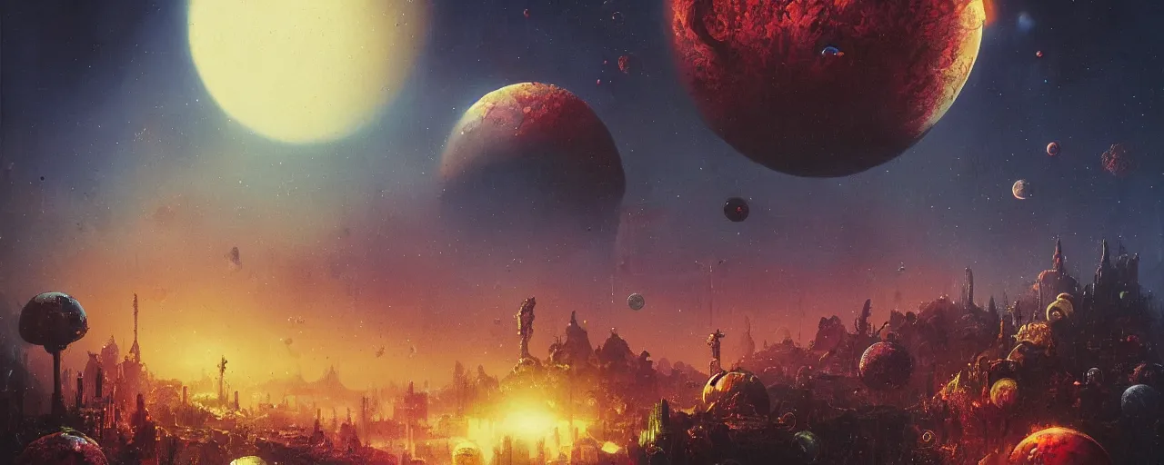 Image similar to ” planet and moons made of blood and rats, [ bubbles, by paul lehr, cinematic, detailed, epic, widescreen, opening, establishing, mattepainting, photorealistic, realistic textures, octane render ] ”