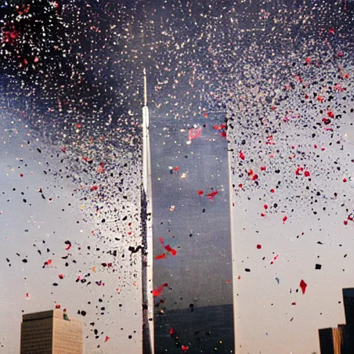 Image similar to twin towers 9/11 plane crash with confetti explosion