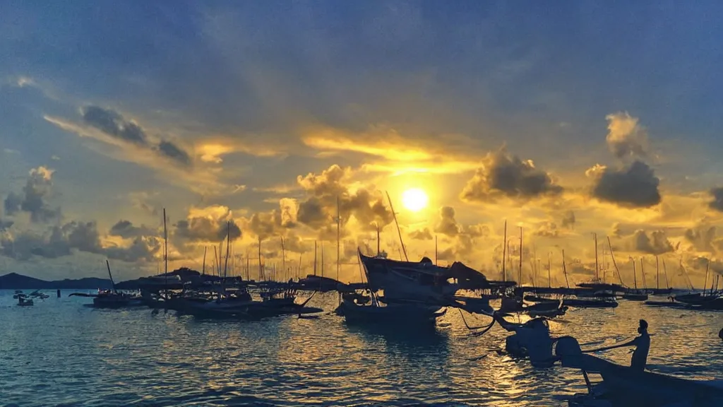 Prompt: sunset on caraibes, some boats, a few birds in the sky, sharp focus, photography 35 mm lens, paisible night lighting, incredible art photo shot